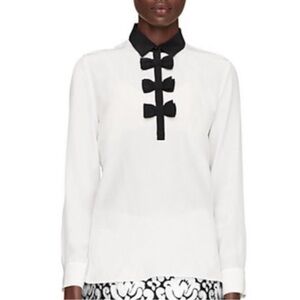 Kate Spade 100% Silk Black Bow Placket Blouse Go Fly a Kite Cream size M